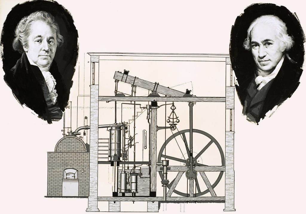 Matthew Boulton und James Watt mit einer der patentierten Dampfmaschinen